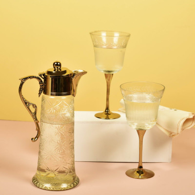 Neer Brass and Glass Jug and 2 Small Goblet Set - Gold Finish - 7.5 inch Tall Goblets and 14.5 Tall Jug